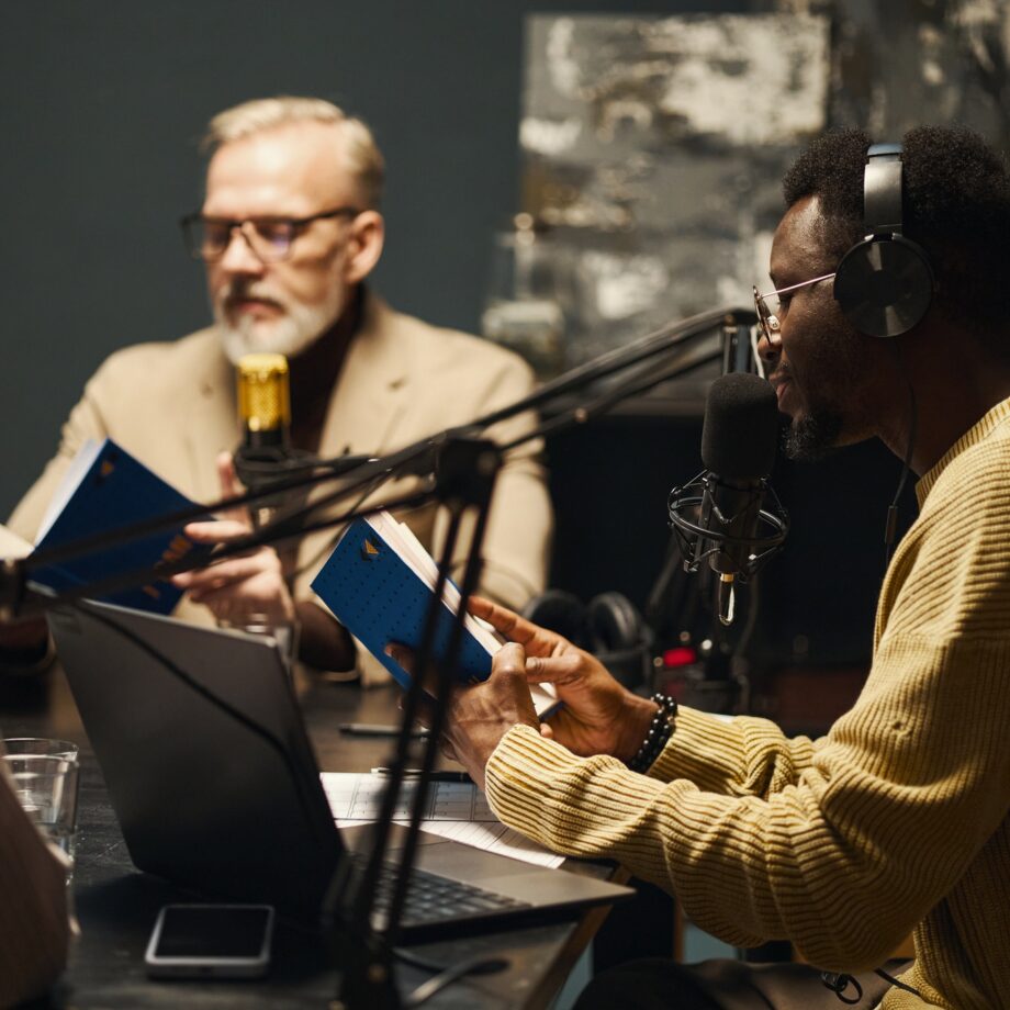 People Discussing New book During Podcast