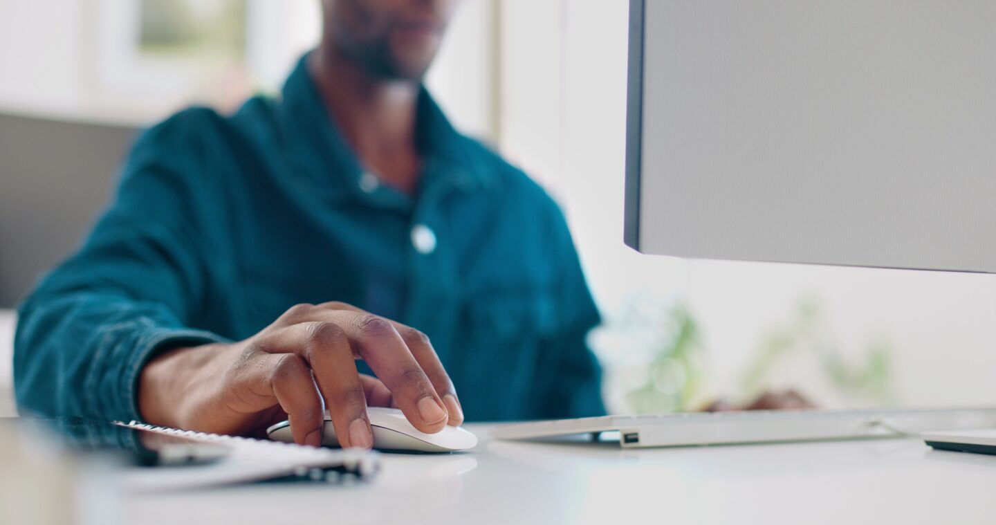 Office computer mouse, hands and black man working feedback review of social media, customer experi