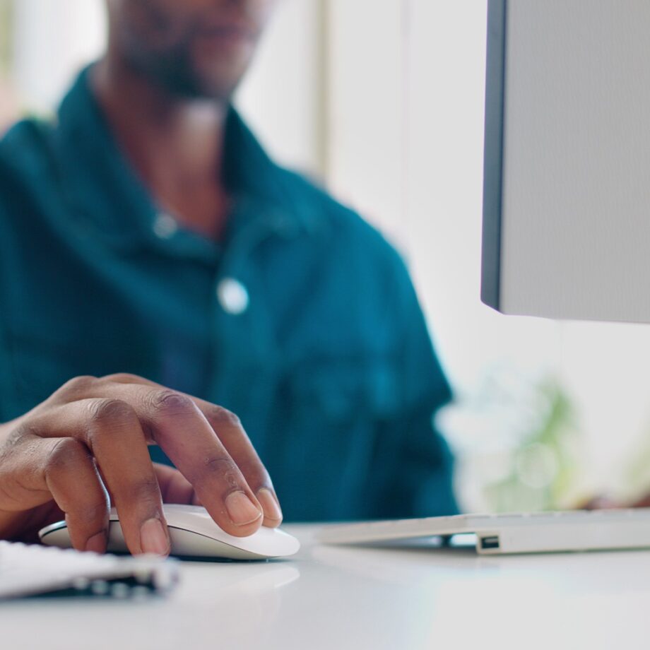 Office computer mouse, hands and black man working feedback review of social media, customer experi