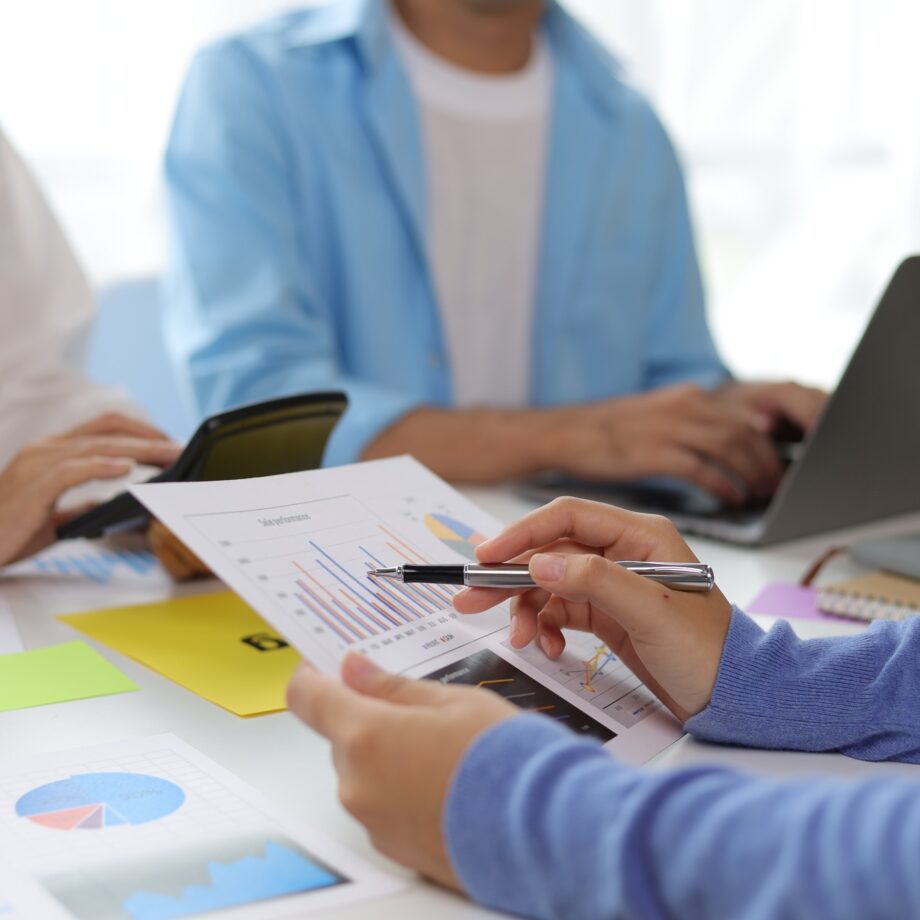 Meeting analytical planning of marketing strategies and business finances.