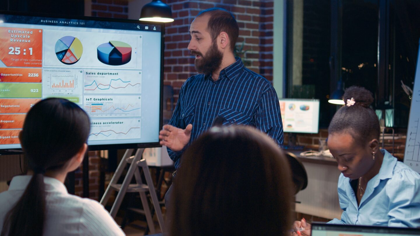 Business analytics team meeting, corporate presentation, marketing strategy planning