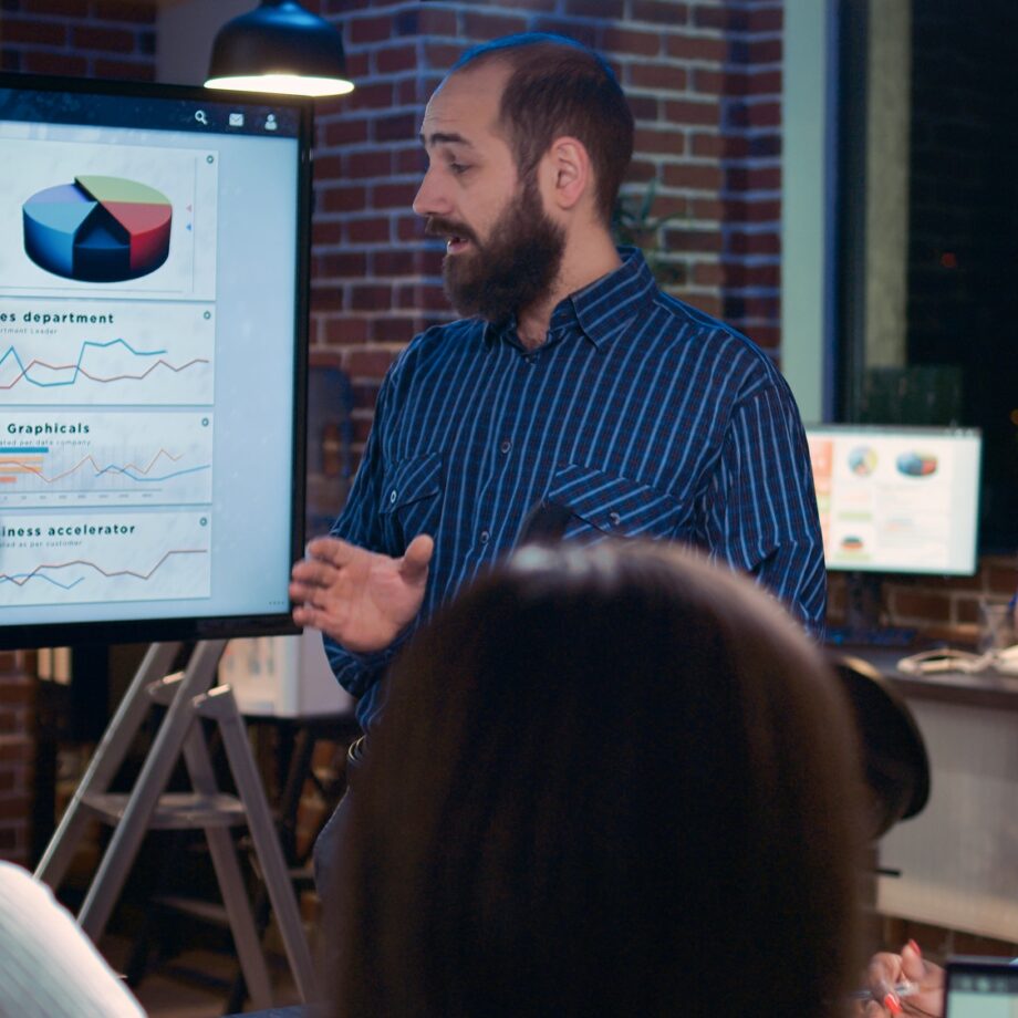 Business analytics team meeting, corporate presentation, marketing strategy planning