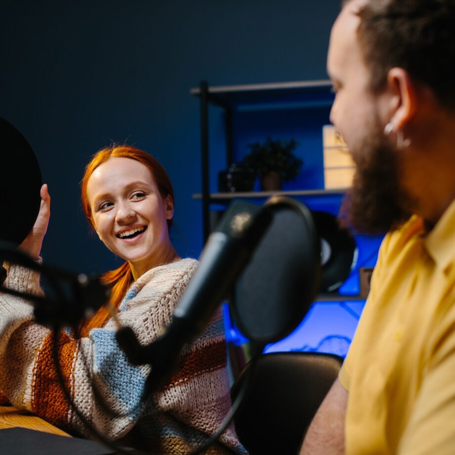 people podcasting and reading ads